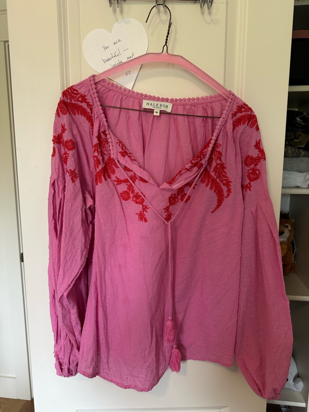 Hale Bob Pink Peasant Top with Red Floral Embroidery